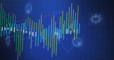 Renkli çubuk çizelgeleri ve kırmızı ve cyan çizgileri, şebeke ve holografik simgelerle torpido gözünde hareket ediyor. Veri analizleri, geleceksel, teknoloji, görselleştirme, dijital arayüz, finans, veri bilimi