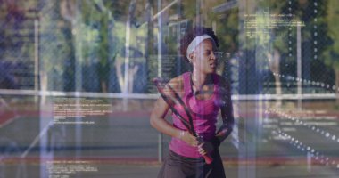 Tennis player gripping racket wearing fuchsia top on hardcourt, with chainlink fence code overlay. Sports, athlete, outdoor, competition, fitness, determination, agility