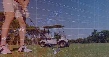 Gripping putter, amateur golfer aligning shot on fairway with digital chart overlay, copy space. Athletic, precision, analytics, outdoor, contemporary, competitive, leisure