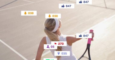 Serving tennis pro in sleeveless white top swinging pink grip racket on court, with digital icons. Athletic, fitness, sport, outdoor, wellness, digital, technology