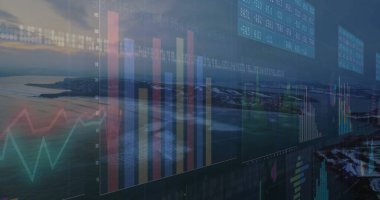 Finansal durumu şafak vakti sahil şeridiyle birleştirmek, dikey bar grafikleri grafik çizgileri ve şamdanları göstermek. Waterscape, analytics, sunrise, data görselleştirme, okyanus, grafik arayüzü, doğal ortam