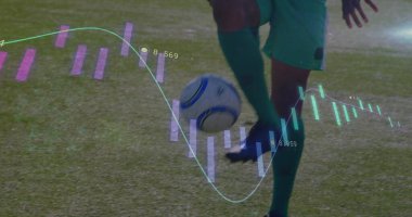 Controlling soccer player in green kit raising left leg guiding ball on pitch, with chart overlays. Athletic, sport, outdoor, fitness, strategy, visualization, performance