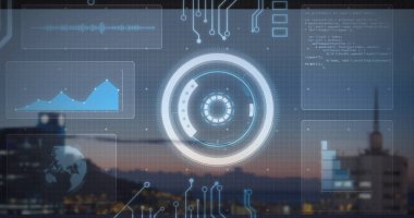 Showing circular HUD overlaying city skyline at dusk, displaying line chart, waveform, code snippet. Futuristic, technology, analytics, visualization, digital, interface, urban