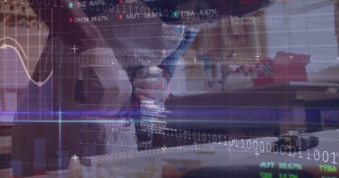 Operating masked craftsman using cordless drill on wooden plank at bench, with digital overlays. Industrial, craftsmanship, digital integration, woodworking, precision, technology, manual labor