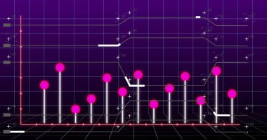 Pembe küreler ile mor gradyan ızgara arka planında yükselen üç boyutlu beyaz çubuklar gösteriliyor. Futuristik, veri, analitik, arayüz, dijital, görselleştirme, teknoloji