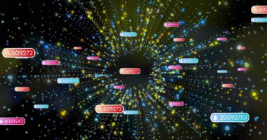 Sarı ve mavi ışık saçan veri kümesi veri alanında sayısal etiketlerle tünel oluşturuyor. Fütürist, dijital, enerjik, teknolojik, ağ, soyut, yenilik