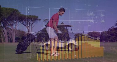 Bending golfer wearing red polo placing golf ball on tee at tee box, with performance data. Sport, recreation, outdoor, precision, analytics, activity, leisure