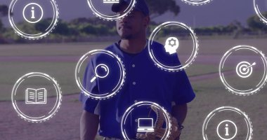 Standing baseball player holding leather glove wearing blue cap on dirt infield, with digital icons. Athlete, sports, stadium, active, outdoors, competition, fitness