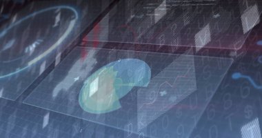 Analitik gösterge panelinde holografik arayüz paneli gösteriliyor, pasta grafiği segmentleri, çizgi grafiği. Fütüristik, dijital, veri görselleştirme, sürükleyici, arayüz, teknoloji, soyut