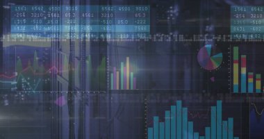 Sunucu odasında ağ kabloları ve LED 'lerle rafları kaplayan satır grafikleri ve bar grafikleri gösteriliyor. Büyük veri, analitik, teknoloji, siber güvenlik, dijital, yenilik, fütüristik