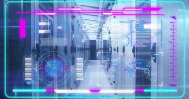 Merkezi yürüme yolu sunucu dolapları gösteriliyor ve HUD kaplamalı veri tabanında parkeleri yükseltiliyor. Teknoloji, veri, ağ, siber güvenlik, endüstriyel, modern, dijital