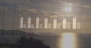 Kıyı günbatımı deniz manzarası üzerinde, kıyı ağaçlarıyla baraj çizelgeleri ve dalga biçimi grafikleri çiziyor. Deniz manzarası, günbatımı, gündoğumu, kıyı, görselleştirme, veri, okyanus