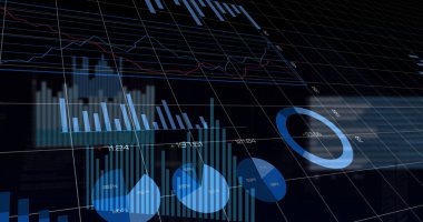 Sanal arayüz üzerinde süzülen finansal grafikler, bar grafikleri ve donut grafikleri. Teknoloji, analitik, görselleştirme, veri, finans, yenilik, ön panel