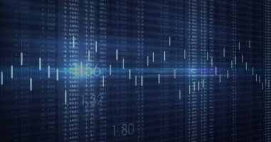 Ticari ekranda şamdanların mavi parıltı ve yüzde verilerle gösterildiği finansal tablo gösteriliyor. Finans, analitik, teknoloji, veri görselleştirme, dijital, yatırım, borsa