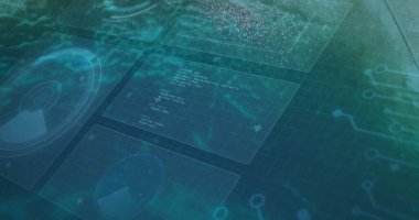 Radar görüntüleme ve ağ diyagramları ile arayüz ızgarasında holografik veri panelleri gösteriliyor. Fütürist, sürükleyici, dijital, soyut, teknoloji, görselleştirme, analitik