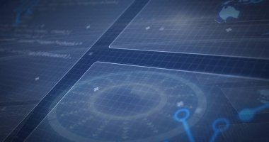 Sanal gösterge panelinde, veri panelleri ve kod örtüleriyle dairesel radar HUD ögesi gösteriliyor. Teknoloji, arayüz, görselleştirme, analitik, fütüristik, dijital, izleme