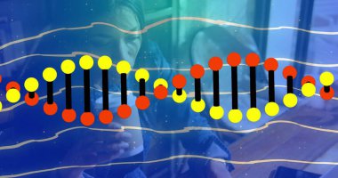 Kot ceketli serbest çalışan, elinde kahve fincanı tutan, kahve dükkanında dizüstü bilgisayarla çalışan, DNA sarmalı olan. Yaratıcı, gelişigüzel, modern, teknoloji, yenilik, çalışma alanı, konfor