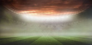 Düz dizayn stadyumunda manikürlü çimen sahası, oturma, projektörler, şeffaf çatı. Stadyum, spor salonu, açık hava, mimari, aydınlatma, canlı, modern