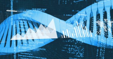 Mavi DNA çift sarmallı zemin boyunca kod, bar dağı ve dalga formu grafikleriyle gösteriliyor. Bilim, teknoloji, veri, yenilik, gelecek, dijital, analitik