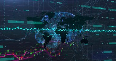 Analitik gösterge paneli içinde ağ düğümleri ve şamdan çizelgeleri ile dönen 3D Dünya gösteriliyor. Futuristik, teknoloji, küresel, dijital, görselleştirme, ağ, yenilik