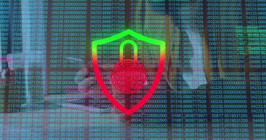 Kalkan asma kilidi olan veri matrisi ekranda gösteriliyor, parmak izi hedefi yüzen parmaklar gösteriyor. Siber güvenlik, veri koruması, dijital kalkan, şifreleme, teknoloji, ağ güvenliği, gizlilik