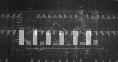 Koyu ızgara arayüzünde yükselen dikey veri çubukları üst üste dizilmiş çizgi grafik analizi ile gösteriliyor. Analizler, gösterge paneli, fütürizm, dijital arayüz, veri görselleştirme, teknoloji, içgörü