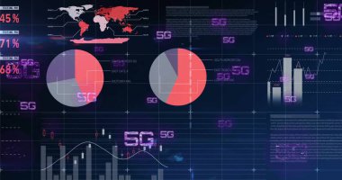 5G ağ analiz paneli dijital arayüzde, dünya haritası ve pasta grafikleriyle gösteriliyor. Teknoloji, veri görselleştirme, fütürizm, telekomünikasyon, dijital arayüz, gösterge paneli, bağlantı