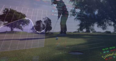 Golf sopası, golf topu, golf sopası ve finansal grafiklerle golf sopasının yerini belirlemek. Spor, eğlence, açık hava, eğlence, yatırım, finans, grafik