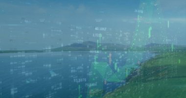 Yeşil 3D grafik eğrisi ve veri noktalarıyla göl kıyısında yarı saydam finansal örtüşme gösteriliyor. Doğa, teknoloji, analiz, dijital, manzara, veri görselleştirme, finansal