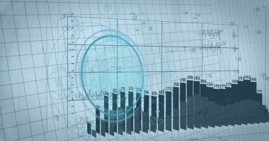 Sayısal etiketli ve HUD kaplamalı veri gösterge paneli ızgarasında 3B çizelge sütunları gösteriliyor. Analizler, görselleştirme, veriler, gösterge paneli, teknoloji, arayüz, bilgi grafikleri
