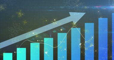 Dijital gösterge panelinde yükselen verileri moleküler motiflerle gösteren dikey bar tablosu sunuluyor. Analizler, veri görselleştirme, teknoloji, bilgi, gösterge paneli, içgörü, dijital