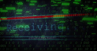 Şifrelenmiş veri transferi, yeşil kod blokları ve kırmızı çubukla UI üzerinde metin kaydırması gösteriliyor. Siber güvenlik, veri, teknoloji, dijital, ağ, arayüz, bilgi