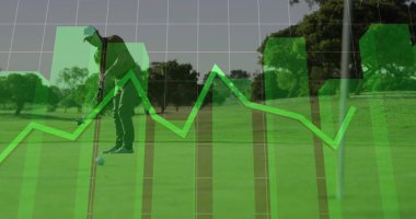 Golfçüleri sıraya dizip golf topu ve veri örtüsü ile yeşile boyamak, kopyalama alanı. Spor analitiği, veri görselleştirme, finansal büyüme, yatırım stratejisi, açık hava etkinliği, profesyonel sunum, modern tasarım