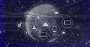 Siber uzayda, aygıt simgeleri, bulut, dişli ve avatar simgeleriyle noktalı 3 boyutlu dünya ağı gösteriliyor. Teknoloji, bağlantı, yenilik, dijital, siber alan, veri, altyapı