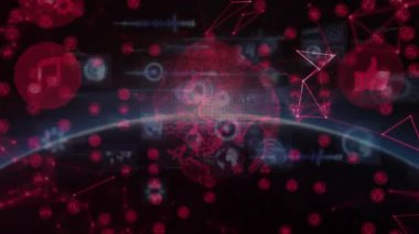 Karanlık uzayın açılması, kırmızı düğümler dünyayı kaplıyor, UI simgeleri küresel ağı gösteriyor. Teknoloji, siber güvenlik, veri görselleştirme, dijital ağlar, fütüristik, yenilik, arayüz