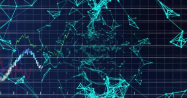 Ağ oluşturan sürüklenen düğümler, şebeke darbeleri, yükselen grafikler, piyasa eğilimlerini gösteren etiketler. Dijital, geleceksel, dinamik, veri, teknoloji, analitik, görselleştirme