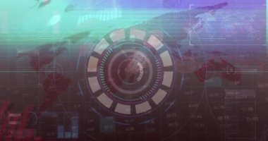 Derin kırmızı dijital harita veri taramasına başlarken merkezi dairesel HUD dönüşümlü görselleştirme verisi arızası olarak başlıyor. Gelecekçi, analitik, teknoloji, arayüz, görselleştirme, veri, dijital