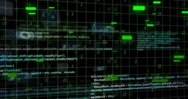 Izgara fırlatma kodu alınıyor yeşil çubuklar ortaya çıkıyor ve verileri görselleştiren ikili basamaklar büyüyor. Teknoloji, siber güvenlik, dijital, veri, soyut, geleceksel, ağ