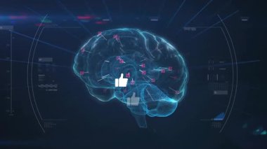 3 boyutlu beyin döndürme, işaretleyiciler ve beyin aktivitesini vurgulayan başparmaklar göründüğünde. Bilimsel, geleceksel, teknoloji, yenilik, nörobilim, görselleştirme, veri