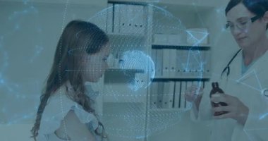 Doktor kliniğe girip şişeyi açıp kaşığı batırırken animasyon göstergesi dozu ölçmek için yükseliyor. Sağlık, pediatri, tıp, profesyonellik, klinik, yetiştirme, sağlık