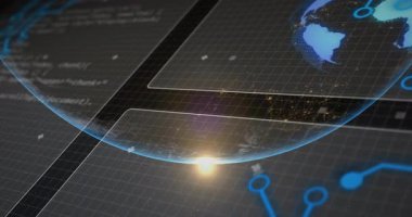 Kod parçacığı yuvarlanan dünyayı döndürdükten sonra, parlayan ışık, arayüzü görselleştirmek için hizalanan paneller. Fütürist, dijital, teknoloji, arayüz, görselleştirme, siber alan, soyut