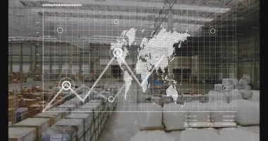 Depo animasyon hattı çizelgesinde üst üste, küresel nakliye güzergahlarını gösteren darbe düğümleri görülüyor. Lojistik, tedarik zinciri, veri görselleştirme, depo yönetimi, uluslararası, endüstriyel, teknoloji