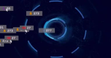 Noktalar tarafından izlenen ızgara üzerinde dönen halkalar titreşim bildirim simgeleri yüzen güncelleme HUD sayıları. Teknoloji, yenilik, dijital, kullanıcı arayüzü, siber güvenlik, fütürist, ağ oluşturma