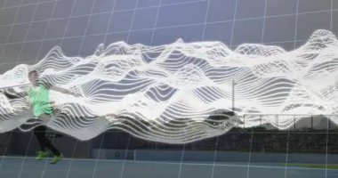 Şebeke boyunca kayan dalga formu atleti piste çıkarıyor ve analitik için cirit atıyor. Atletizm, spor, dijital, hareket, rekabet, performans, teknoloji