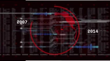 Kırmızı 3D küreden başlayarak, etiketleri döndürerek ve değiştirerek, halka görüntüleyerek, veri zaman çizgisini görselleştirerek. Fütürist, dijital, dolambaçlı, teknoloji, ağ, veri görselleştirme, soyut