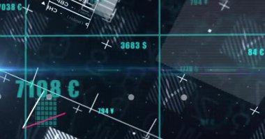 Yüzen para birimleri etiketleri açılıyor, trend çizgileri ve çubuklar yükseliyor. Teknoloji, finans, analitik, veri görselleştirme, dijital arayüz, fütürist, yatırım