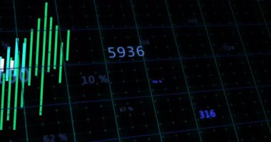 Gösterge panelinin açılması renkli çubukların yükselmesine ve etiketlerin finansal değişimleri göstermek için güncellenmesine neden oluyor. Finansal, analitik, veri görselleştirme, modern, teknoloji, dijital, fütüristik