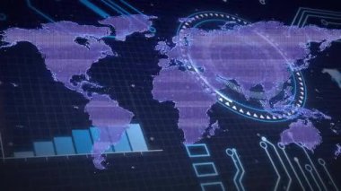 Solan mor dünya haritası dönen tarayıcı, yükselen çubuklar ve görselleştiren simgeler. Holografik, geleceksel, veri, görselleştirme, analitik, dijital, arayüz