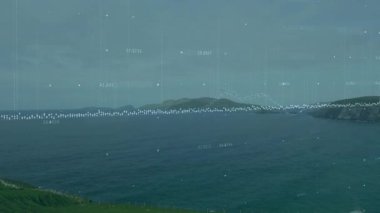 Deniz manzarası üzerinde canlı sinyali görselleştiren hareketli dalga formunu ve dalgalanan çubukları açtığınızda. Sahil, manzara, analitik, teknoloji, ufuk, sükunet, fütürizm