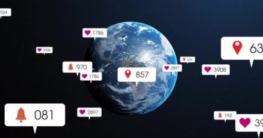 Dünya 'nın üç boyutlu dönüşüyle bildirim simgeleri başlatılıyor. Birleşme artışını göstermek için dünyanın dört bir yanına dağılıyorlar. Coğrafya, teknoloji, dijital, evren, bağlantı, veri görselleştirme, yenilik